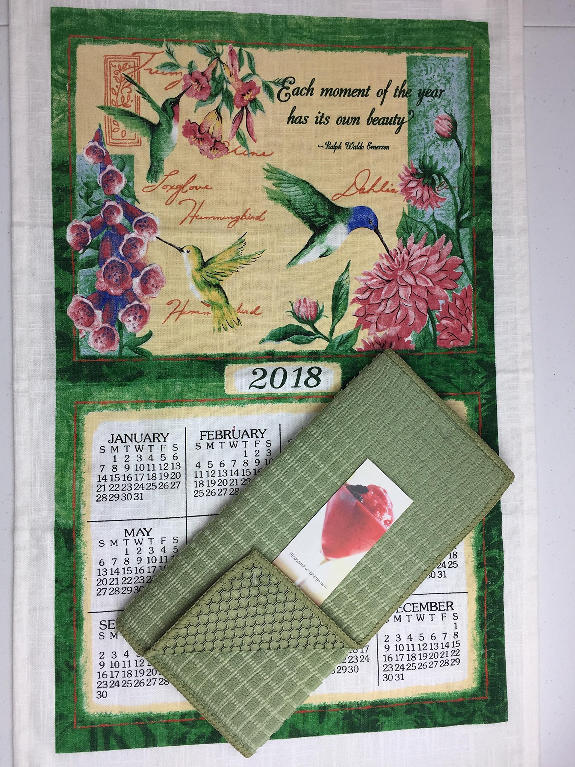 2018 Wings and Blossoms Hummingbird Kitchen Dish Towel Calendar& Drying Mat Bundle Hummingbird Kitchen Linen Calendar Towel and Kitchen Dish Drying Mat 3 Piece Bundle