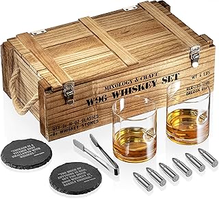 Whiskey Stones Gift Set for Men | Whiskey Glass and Stone Set with Wooden Army Crate, 6 Stainless Steel Whiskey Bullets and 10Oz Whiskey Glasses | Whiskey Lovers Gift For Men, Dad, Husband, Boyfriend