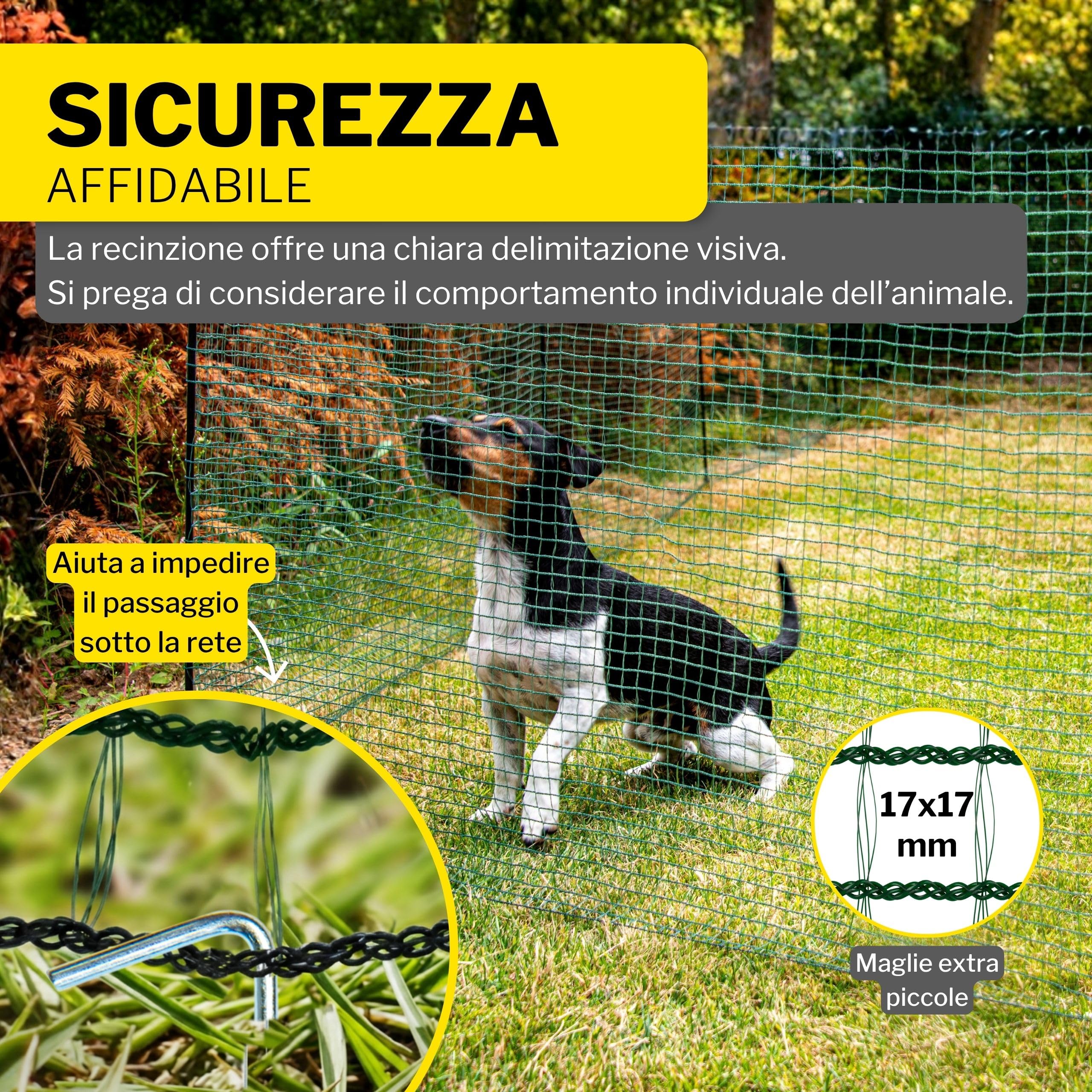 Recinzione per cani Horizont FIX, 15 m x 90 cm, 9 pali doppio chiodo, rete chiusa, recinzione mobile per giardino, pascoli, polli e campeggio