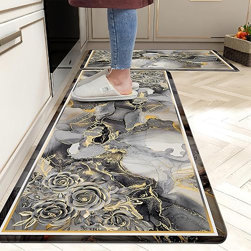 Qahing Juego de 2 alfombras de cocina con diseño floral bohemio, antifatiga, antideslizantes, cómodas, bohemias, impermeables, para fregadero de