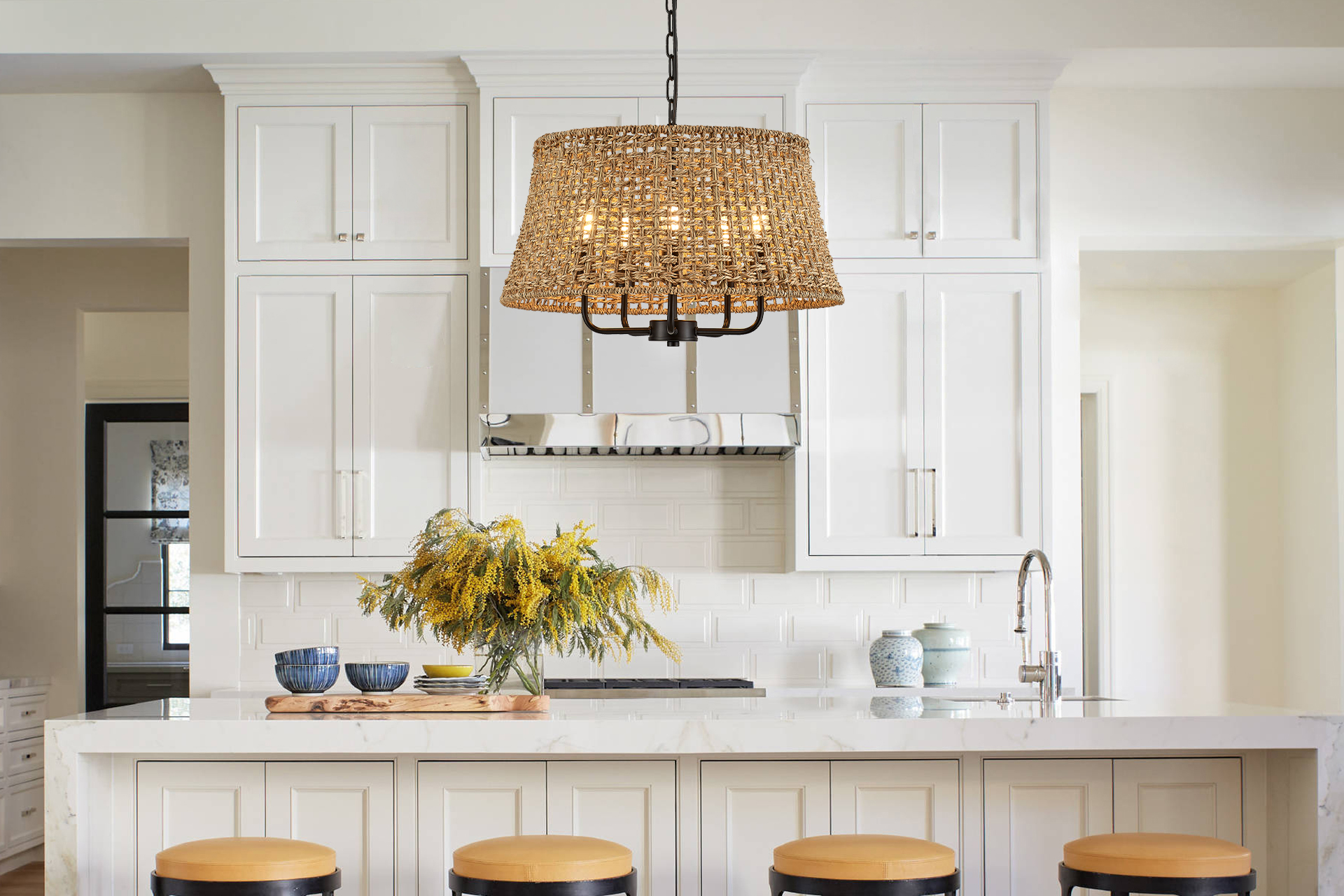 Image of 19.7 inch Boho Rattan Chandelier, 5-Light Black Wicker Light Fixture