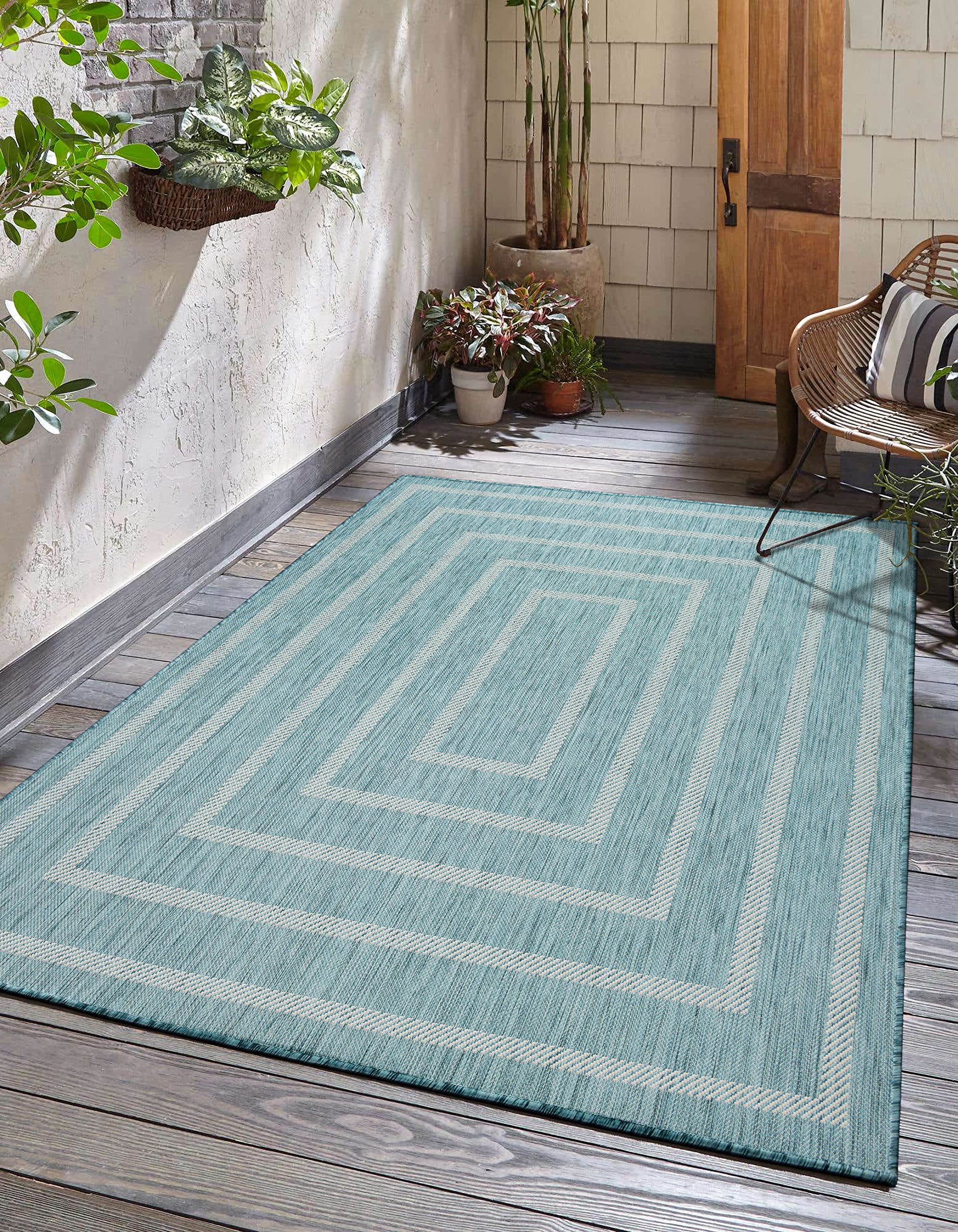 Adiva Rugs Outdoor Indoor Area Rug, Weather Resistant, Easy to Clean, Stain Resistant Floor Mat for Dining Room, Backyard, Deck, Patio (Aqua Weiss,