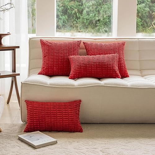 Miniatura 7 de Home Brilliant Fundas de almohada decorativas rojas de 26 x 26 pulgadas, fundas de almohada cuadradas de felpa grandes y suaves de pana a rayas para