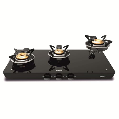 Image of Vidiem Vogue Vesta Gas Stove 3 Burners Glass Top | Removable Special Brass Burner | 8mm Toughened Glass | 10mm Thick Pan Support | Manual Ignition - Black