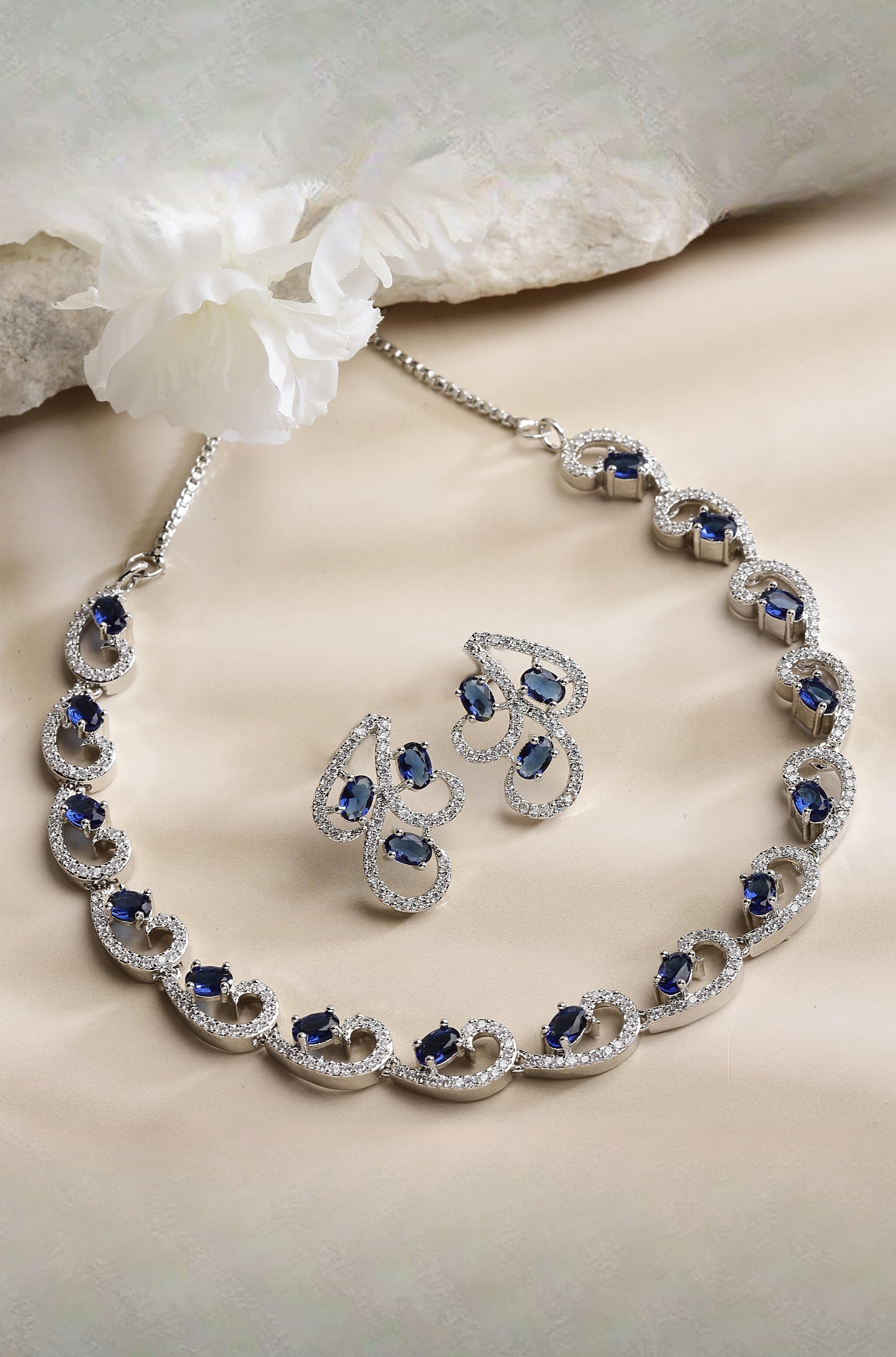 Rhodium-Plated with Silver-Toned White Cubic Zirconia & American Diamond studded Necklace and Drop Earrings Jewellery Set for women
