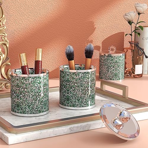 Miniatura 7 de SHYFOY Juego de 3 recipientes de vidrio decorativos, tarros verdes con tapa, diamante triturado, decoración del hogar, contenedor de almacenamiento