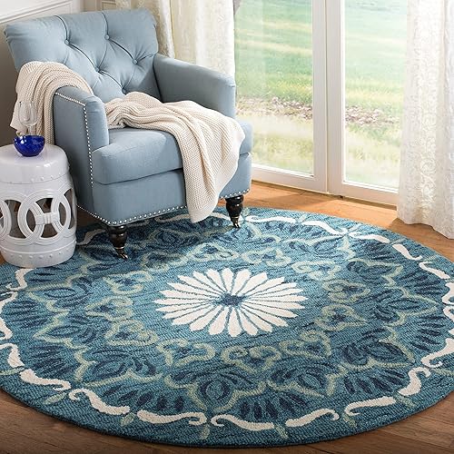 Miniatura 2 de SAFAVIEH Colección Novedad - Alfombra redonda de 6 pies, color azul y marfil, lana bohemia hecha a mano, ideal para zonas de alto tráfico en sala de
