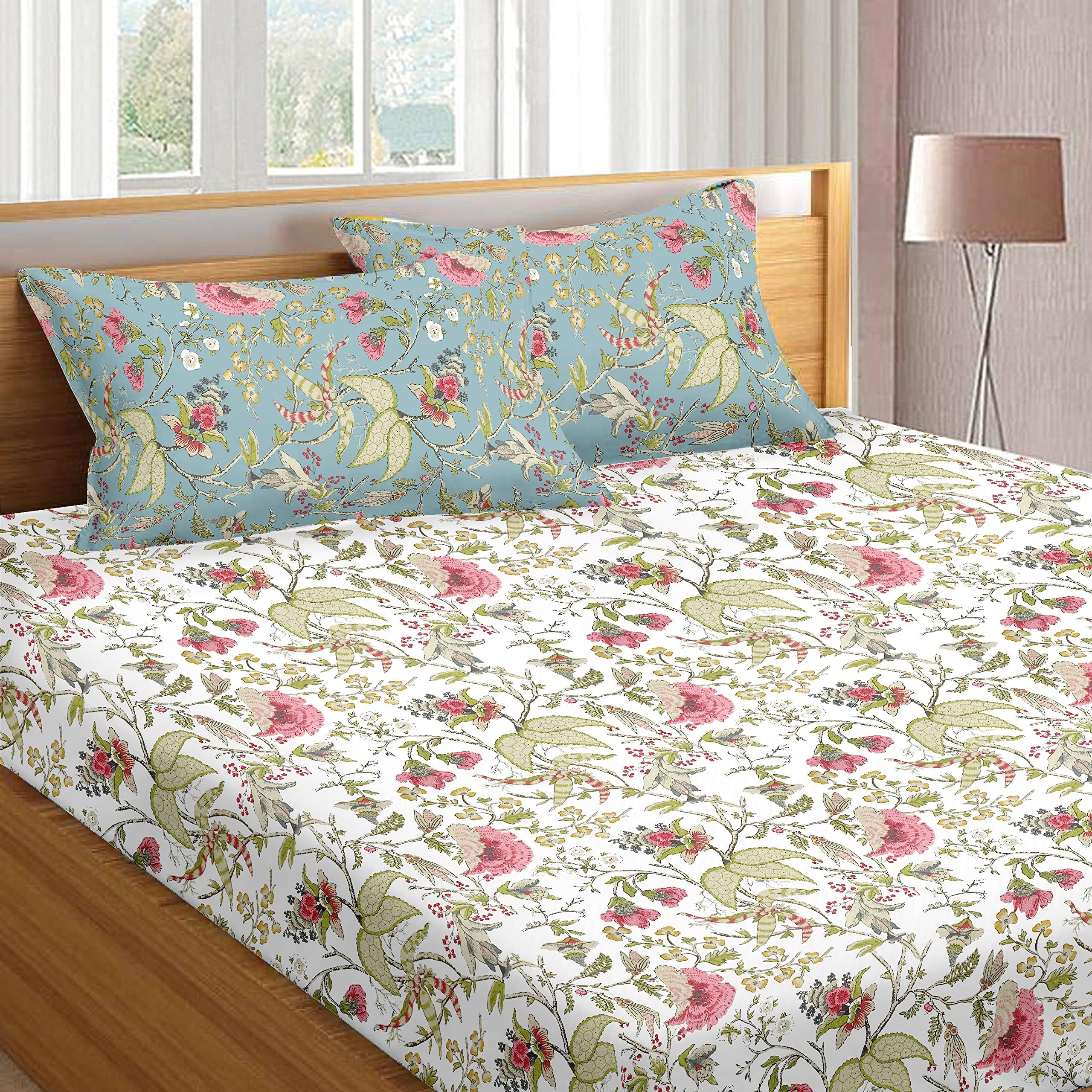 Bombay Dyeing Coral Vine Yellow Floral Double Bedsheet with 2 Pillow Cover Set (DSN09) Amazon