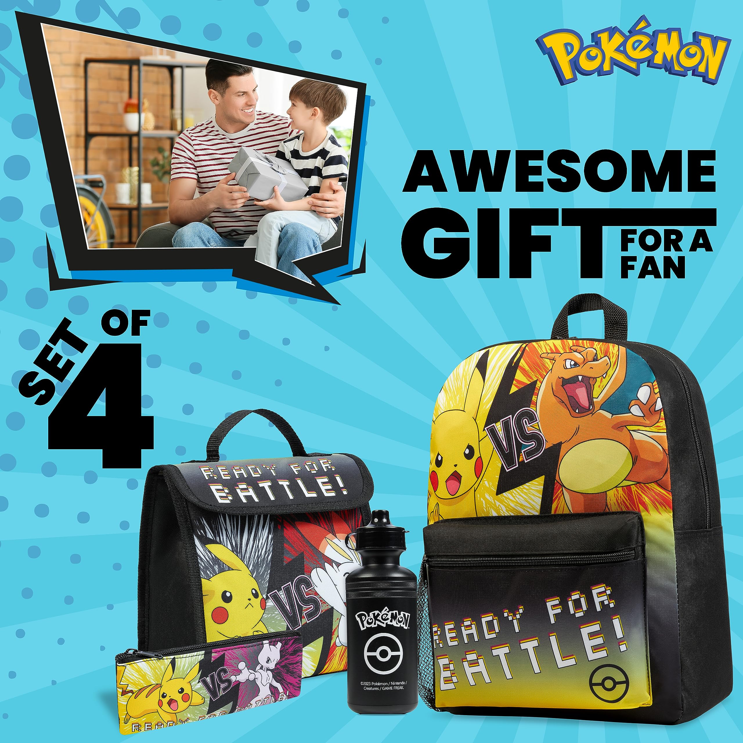 Pokémon Pokemon Kids Backpack 4 -częściowy zestaw szkolnych materiałów szkolnych Prochosek izolowany lunch pudełko na lunch Pencil Case BPA za darmo 500 ml butelka z wodą Pikachu Powrót do szkoły dla chłopców Jeden Rozmiar Czarno żółty
