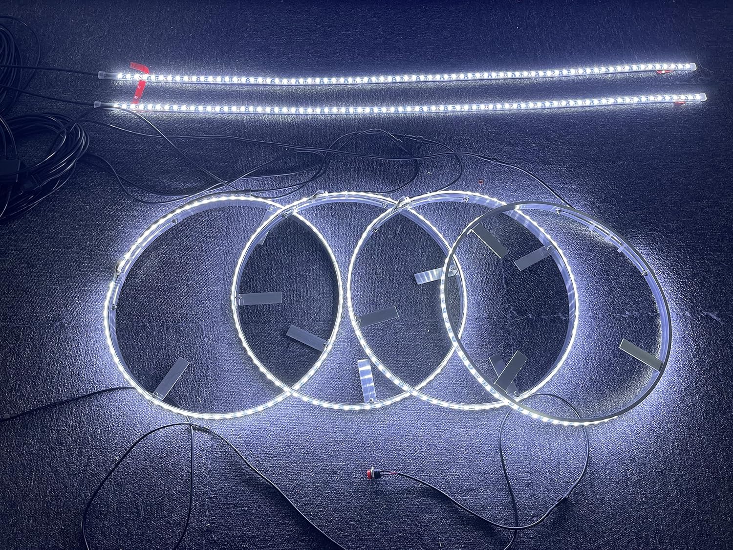 Sando Tech 4PCS 15.5'' Pure White Led Wheel Ring Tire Lights + 2PCS 4Ft Underbody Decoration Light Kit Synchronize Wiring Harness with 6 Way Splitters Rocker Switch Ctrl