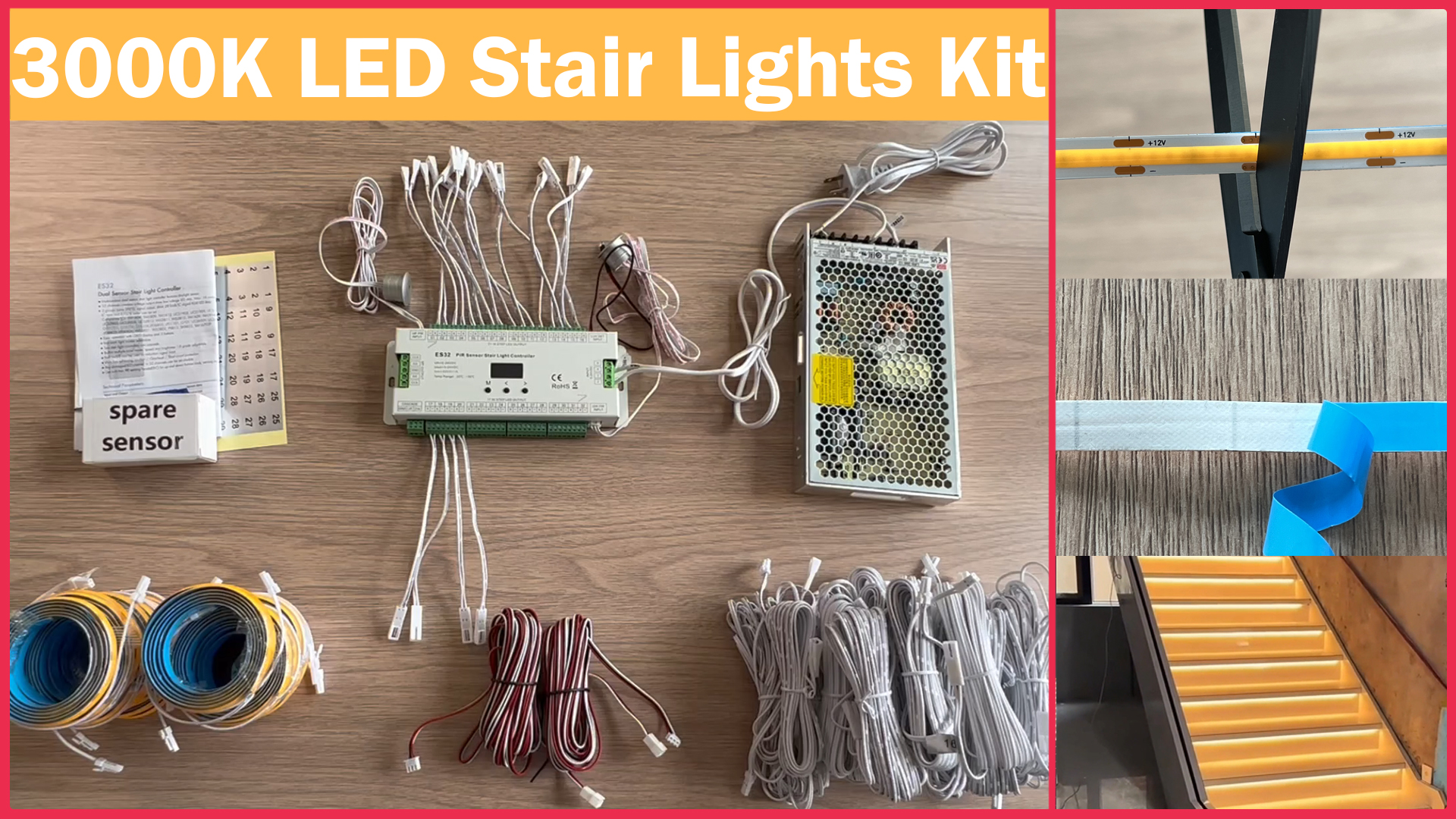 Image of 20-Step Motion Activated Stair Lights Kit, 47.2-Inch Cuttable Warm White COB LED Strip Lights for Indoor Stairs, Staircase Lighting with PIR Sensor and Daylight Sensor (3000k)