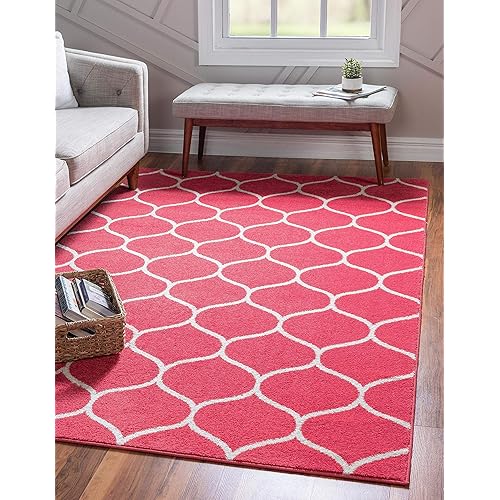 Unique Loom Trellis Frieze Collection Area Rug-Modern Morroccan Inspired Geometric Lattice Design, 4 x 6 ft, Raspberry/Ivory