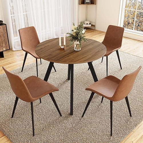 88 cm de diámetro Mesa de comedor redonda y sillas para 4, ahorro de espacio para apartamento, cocina, comedor (Mesa de nogal+4 sillas marrones)