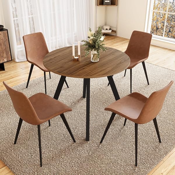 Walnut and Brown Leather Dining Set