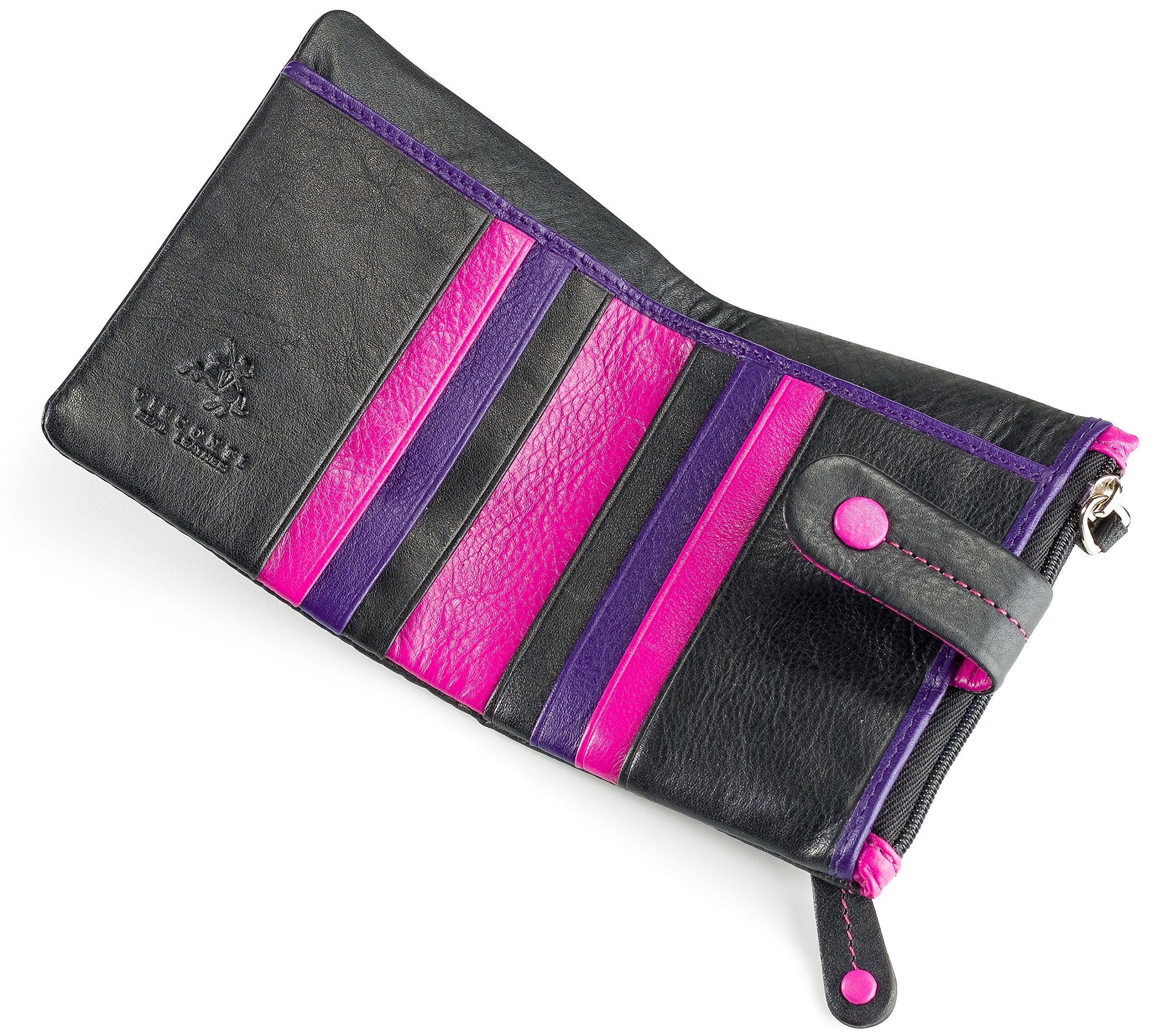 VISCONTI Mojito M77 - Cartera compacta de piel suave multicolor de 3.5 x 4.3 pulgadas, Negro Multi, 3.5" x 4.3", Cartera con cremallera