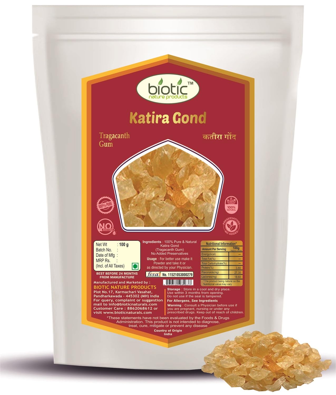 Biotic Pure Gond Katira 100gm Edible Gum - Almond Gum Badam Pisin Organic - Gondh Katila for Laddu and Summer Drink