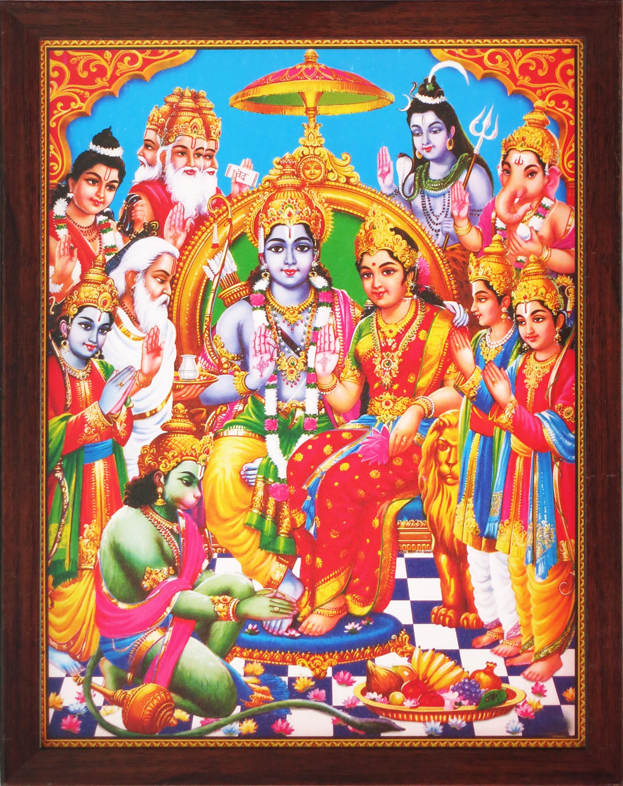 Sita Ram and Hanuman sitting in Palace and Other Hindu Religious God Giving Blessing、A Holy Religiousポスターペイントwith Frame for Hindu religiousdとギフト目的
