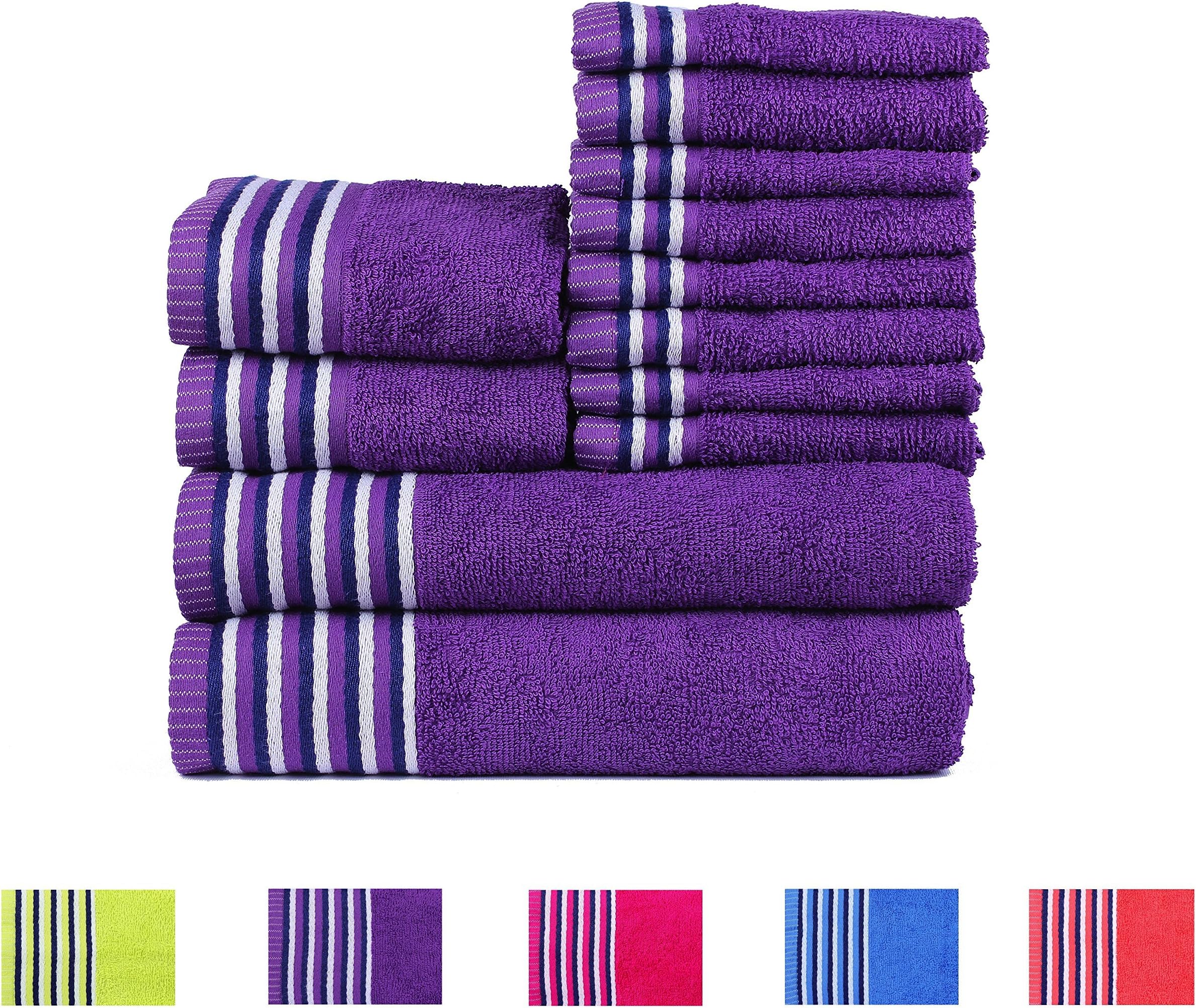 TRIDENT Candy Stripes Soft and Light 100% Combed Cotton 400 GSM 12-Pieces (Bath, Hand & Wash Cloth) Towel Gift Set, Neon Purple