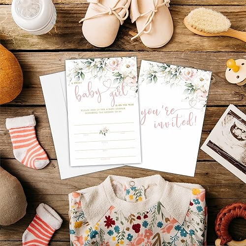 Miniatura 4 de Invitaciones florales de acuarela para baby shower, una dulce niña está en camino, 25 tarjetas de invitación de relleno con sobres, decoraciones y