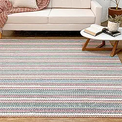 Tapete Sala 1,40m x 2,00m Colorido Tropical Geométrico 100% Algodão Natural Artesanal de Tear Antiderrapante Emborrachado para Quarto Preto Azul Cinza Cru