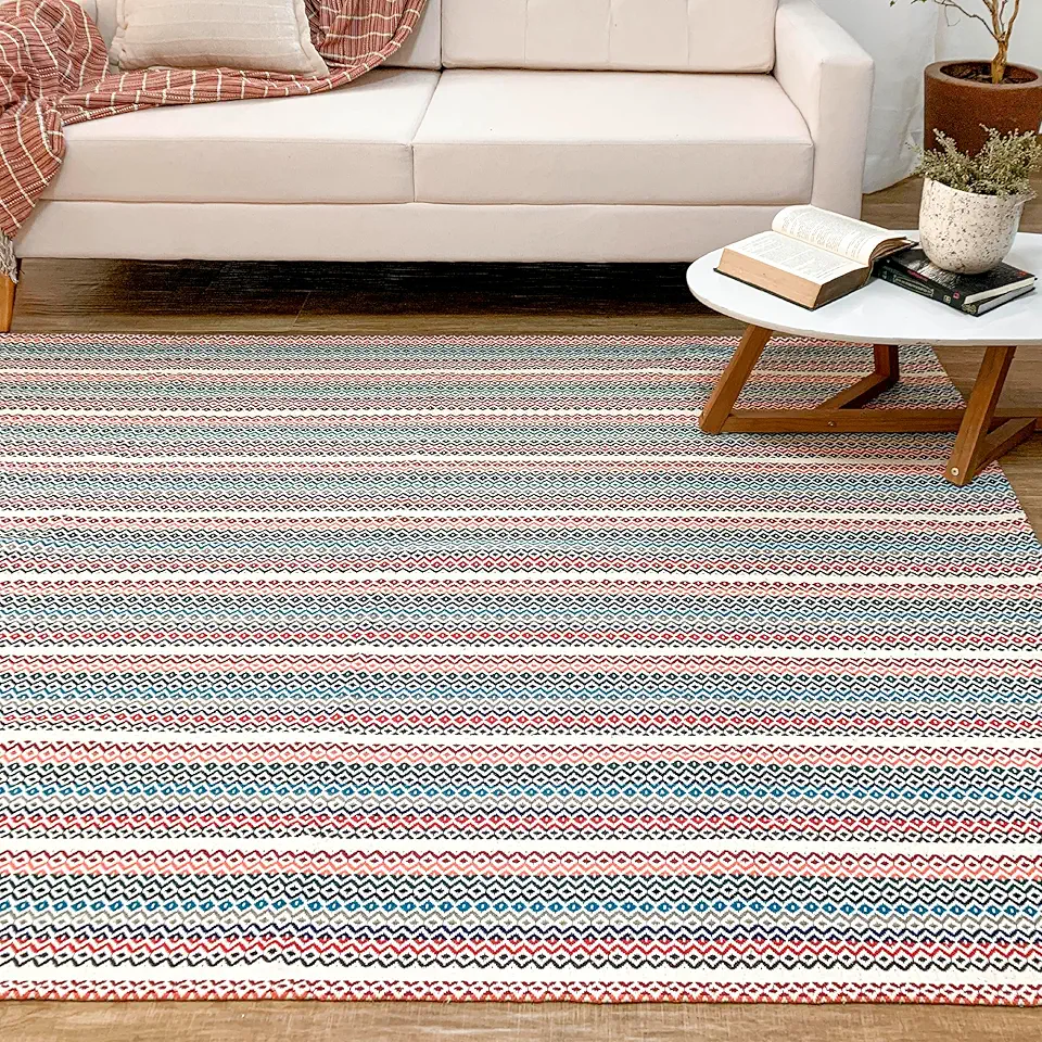 Tapete Sala 1,40m x 2,00m Colorido Tropical Geométrico 100% Algodão Natural Artesanal de Tear Antiderrapante Emborrachado para Quarto Preto Azul Cinza Cru