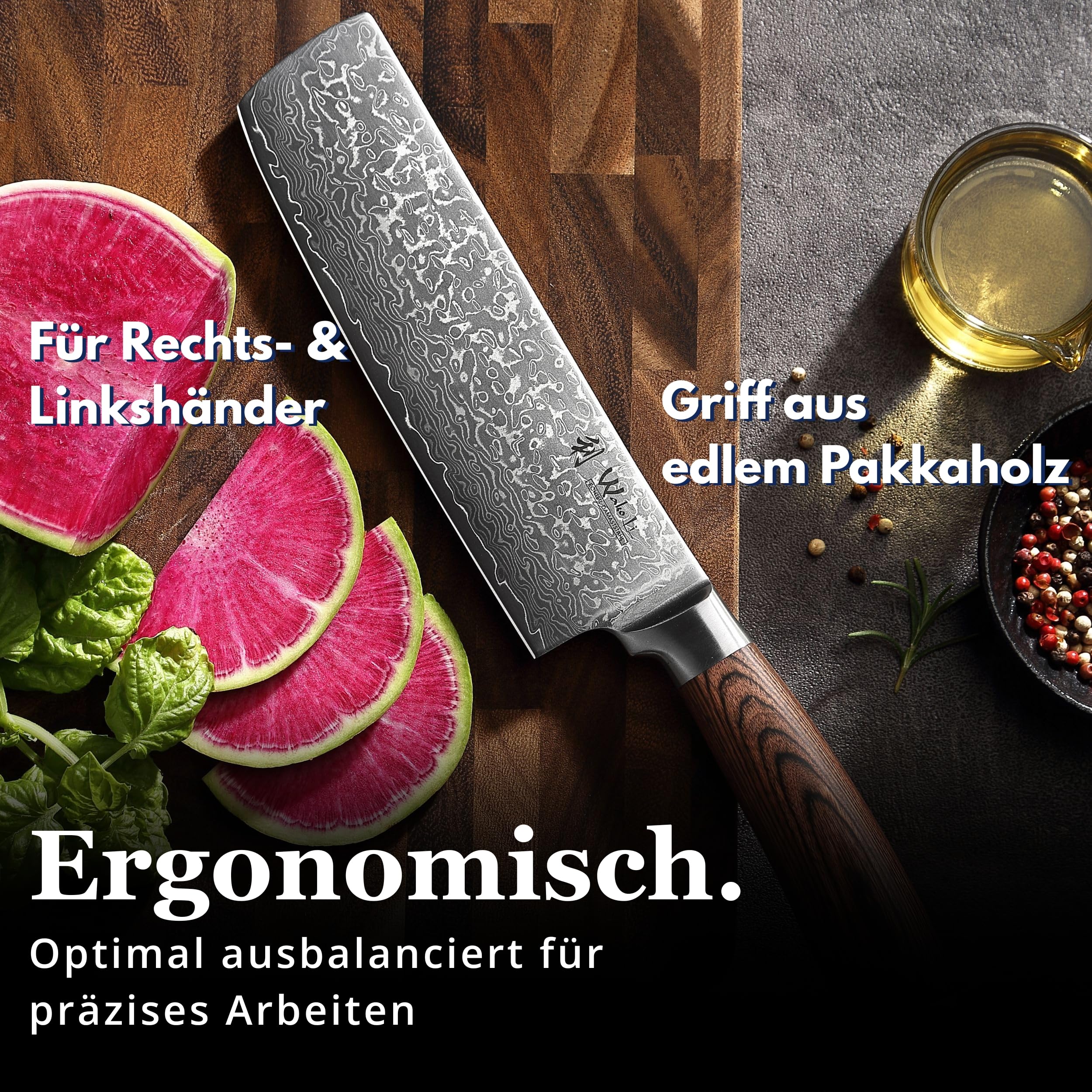 Wakoli EDIB Sakura Nakiri Messer mit 18 cm Klinge aus 67 Lagen Damaststahl mit VG10 Kern, Pakkaholzgriff, in Geschenkbox für Gemüse, Kräuter und feine Schneidarbeiten