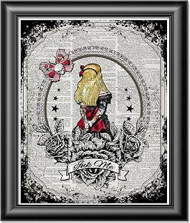 Alice's adventures Tattoo Collection Art Print on Antique Dictionary Book Page Home decor