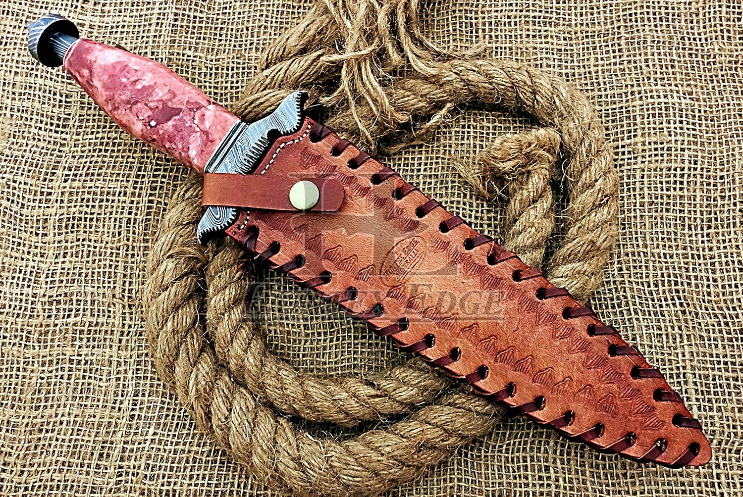 HUNTEX Unique Custom Handmade Hand-Forged Ladder Pattern Damascus Steel 15 Inch Long Full Tang Marble Handle Razor Sharp Hunting Camping Dagger Knife with Genuine Leather Sheath