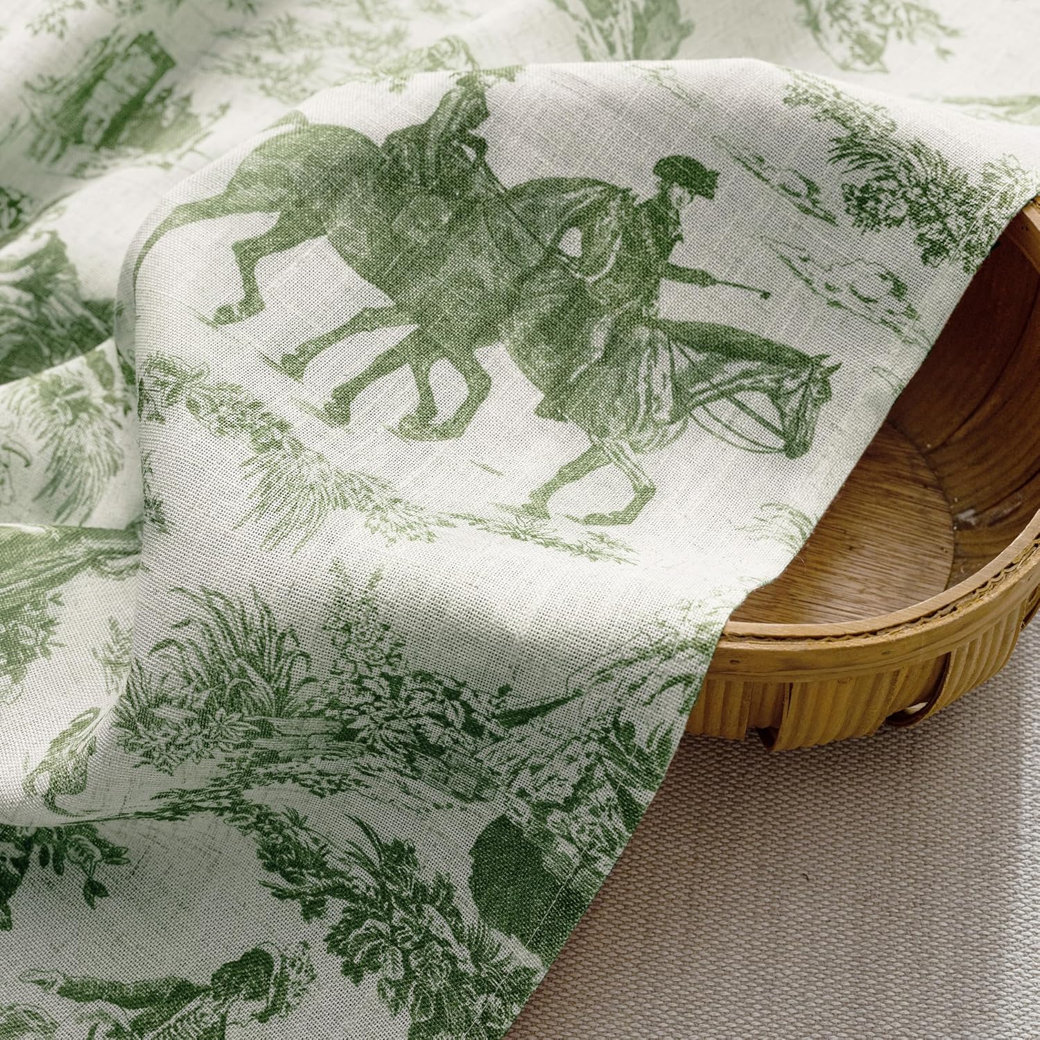 DriftAway Kitchen Curtains Toile Tier Linen Short Curtains Cafe 36 Inch Length for Living Room Bathroom Farmhouse French Country Vintage Printed Pattern Rod Pocket 2 Panels Loden Green