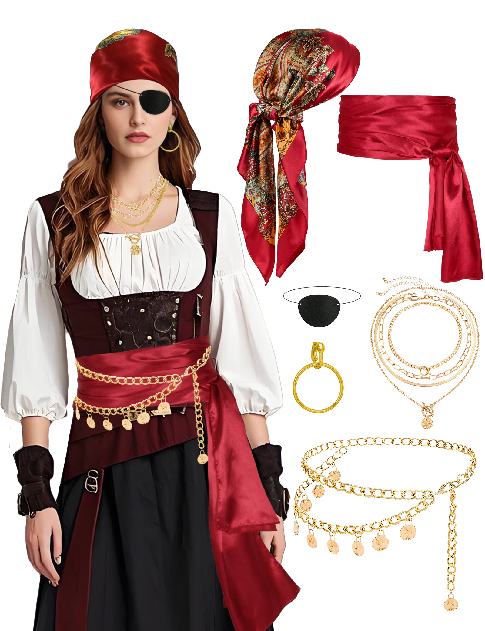 Pack De 4 Accesorios De Disfraz De Pirata Para Mujer – Bandana, Corsé, Vestido Y Pañuelo De Cintura – Para Carnaval, Halloween Y Fiestas De Cosplay
