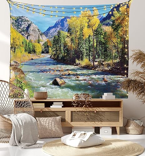 Miniatura 8 de Ambesonne Tapiz de paisaje, montañas de Colorado con bosque y río, foto idílica de follaje de verano, colgante de pared ancha para dormitorio, sala