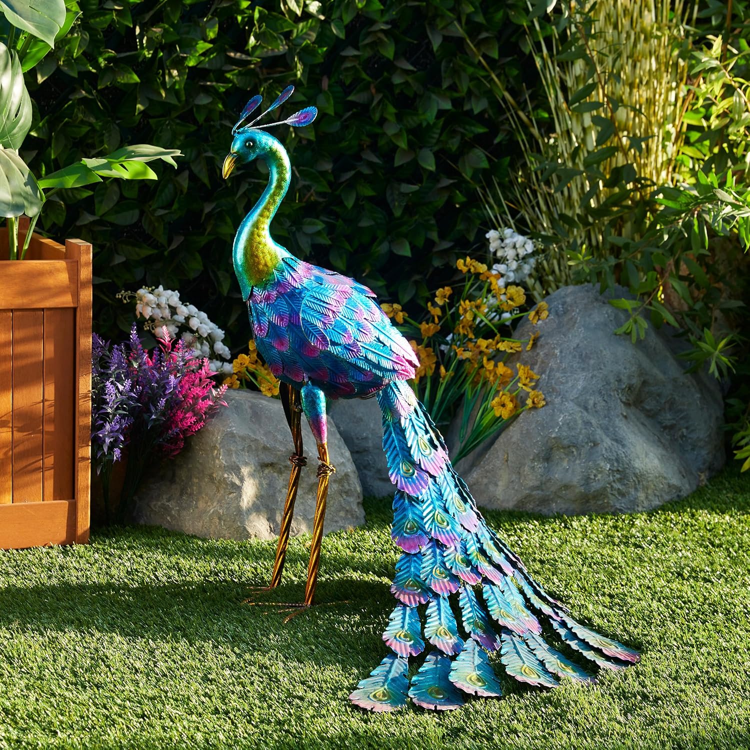 Alpine Corporation 28 Tall Outdoor Metallic Peacock Standing Yard Statue Decoration, Multicolor