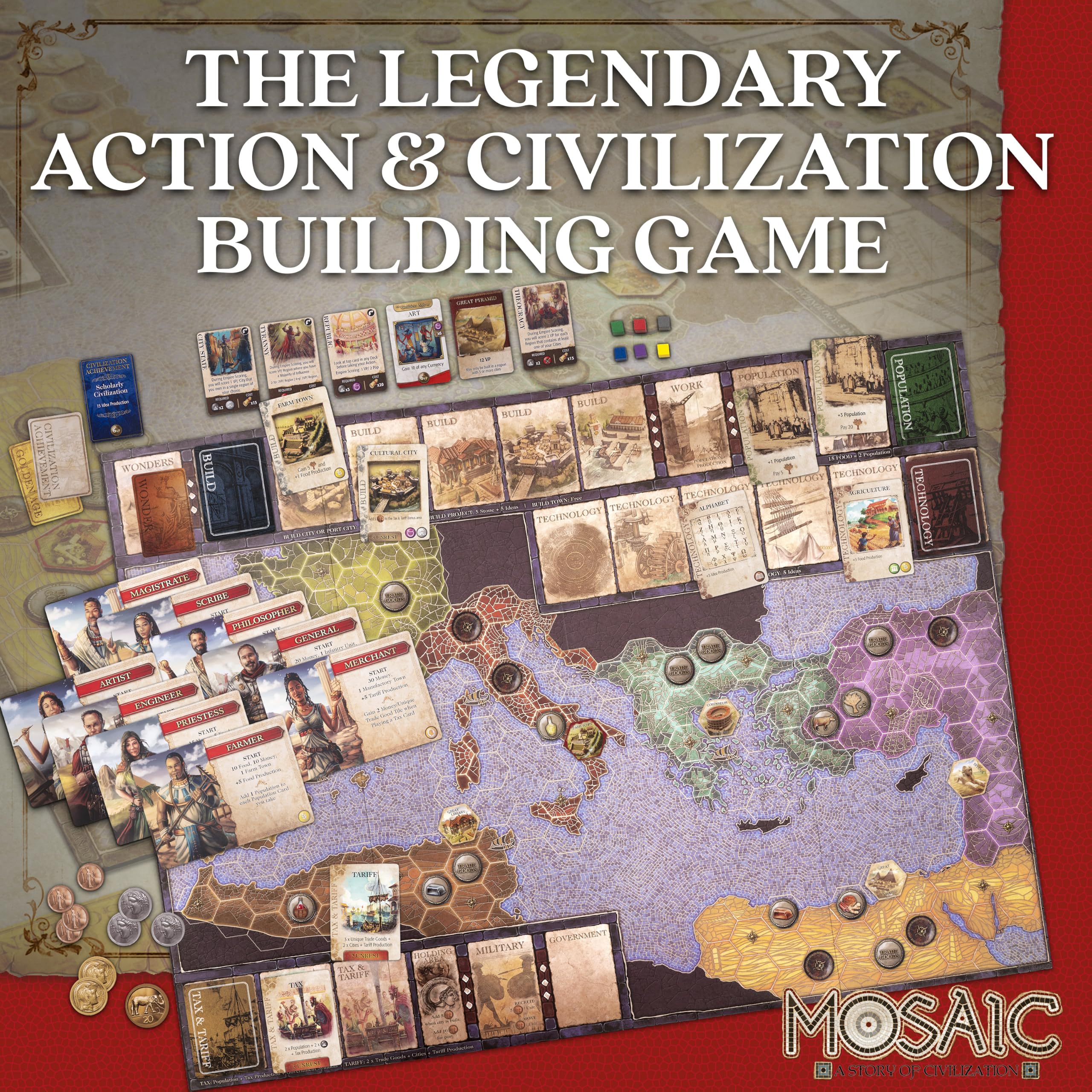 Mosaic: A Story of Civilization - strategiczna gra planszowa dla dorosłych i rodziny, szybka, zabawna, wybór akcji i kontrola obszaru, 2-6 graczy | od 14 lat i więcej | 120 minut | od Forbidden Games