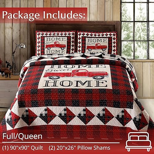 Miniatura 3 de Virah Bella Juego de ropa de cama de 3 piezas de tamaño Queen  Strain Red Truck Home Sweet Home  Edredón reversible rústico de campo salvaje con