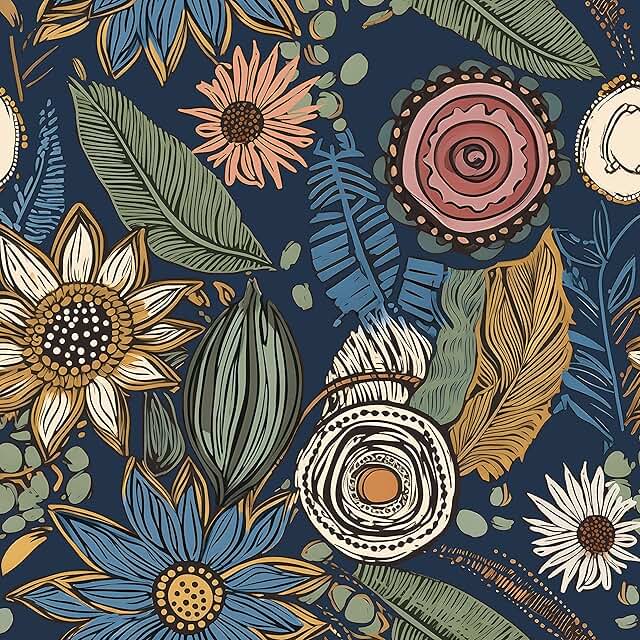 Blue Boho Wallpaper Peel and Stick,Vintage Floral Contact Paper 17.5