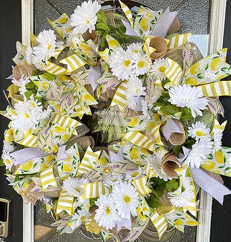 XL Lavender Lemon & Daisy Summer & Spring Deco Mesh Front Door Wreath, Porch Patio Home Decor, Handmade, Unique Gift Idea for Her