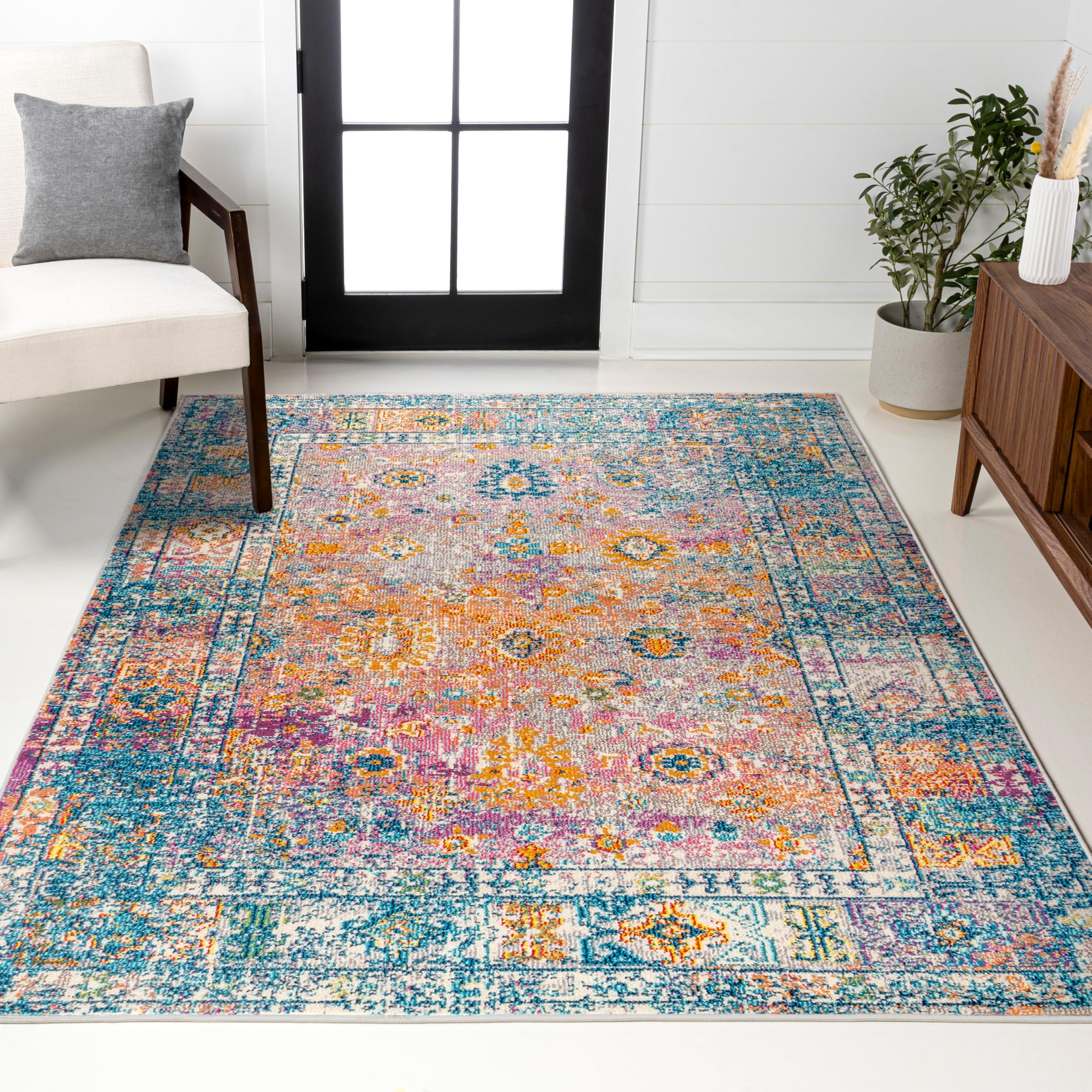 Boho Vintage Cream/Navy Indoor Area Rug, 8x10, Bohemian Flair Medallion, Chic, Floral, High Traffic for Living Room, Bedroom, Kitchen, Pet Friendly, Non-Shedding (BMF103A-8)