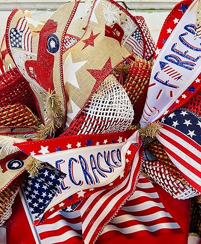 Miniatura 4 de 24 Round Patriotic Mesh Front Door Wreath withGod Bless America Sign Insert Heavy Wire Base Lots of Ribbon