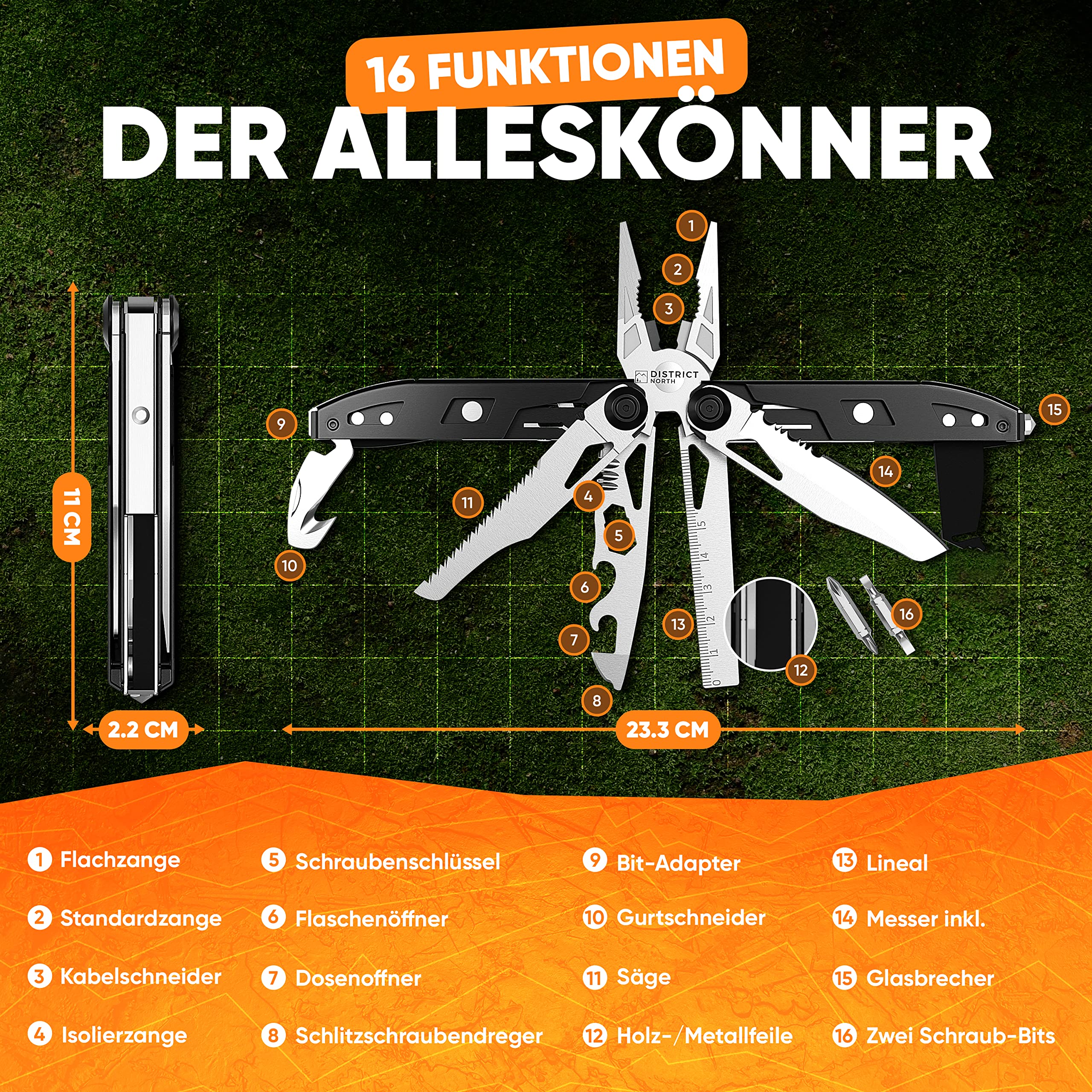 Multitool Black Series faltbares Multifunktionstool vollgepackt mit 16 Tools | Allround Multitool mit Klappmesser Outdoor Multifunktionswerkzeug Camping Survival