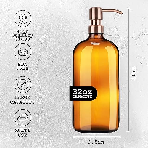 Miniatura 2 de Kitchentoolz - Botellas redondas grandes de vidrio ámbar de 32 onzas con bombas de acero inoxidable y embudo Ideal para lociones jabones de