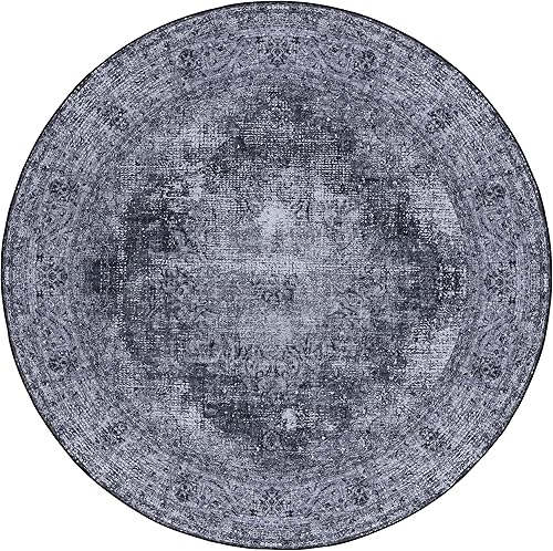 Miniatura 3 de SAFAVIEH Alfombra lavable Tucson Collection Redonda de 6 pies, negro y gris, antideslizante, ideal para zonas de alto tráfico en sala de estar,
