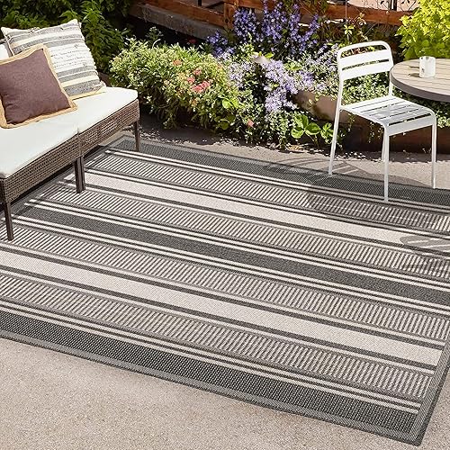 Miniatura 3 de JONATHAN Y Haynes - Alfombra moderna de doble raya para interiores y exteriores, 8 x 10 pies, color negro y crema, para patio trasero, porche, fácil