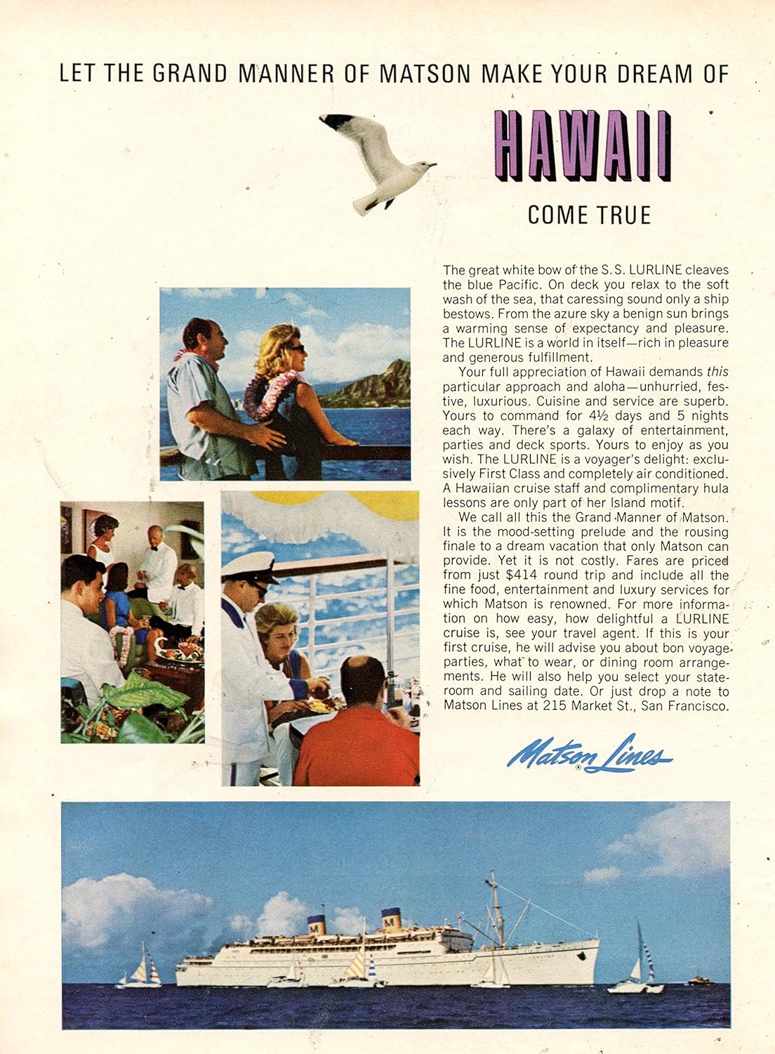 Matson Lines Hawaii Cruise Vintage Magazine Ad "Let The