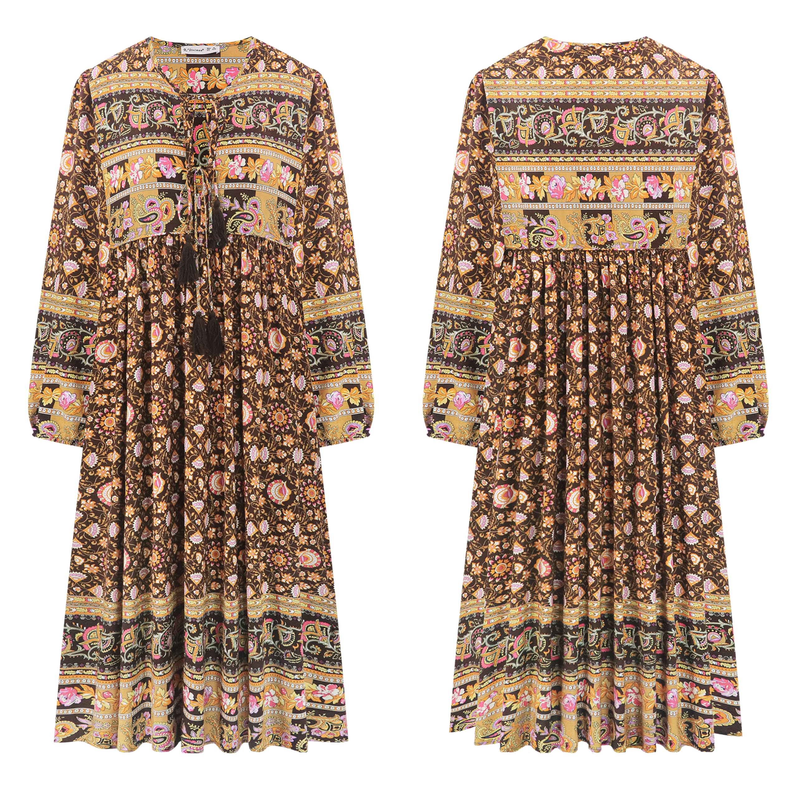 R.Vivimos Abito da donna con scollo a V a maniche lunghe, stile boho floreale, abito da spiaggia lungo a linee lunghe