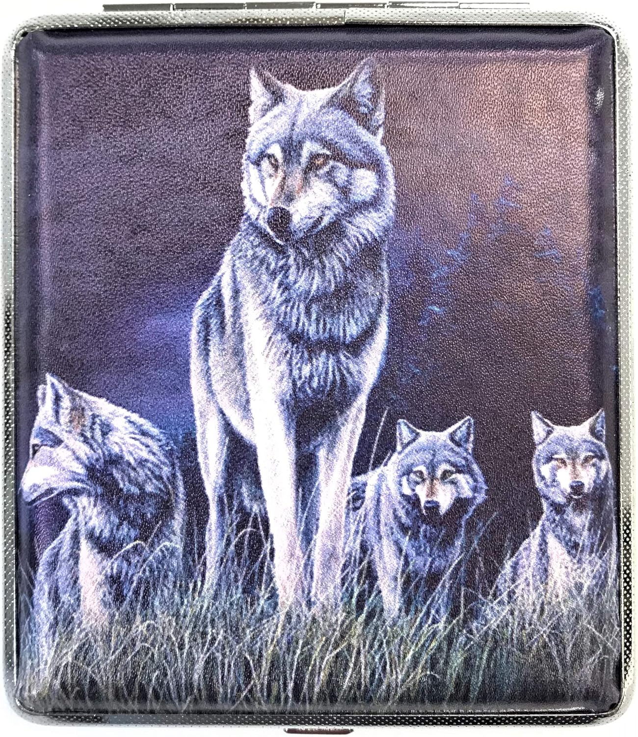 Assorted Wolf Designs Leatherette Wrapped Metal Cigarette Case Wallet, Holds 20 100s Size Cigarettes, 3101L20WOLF (6)