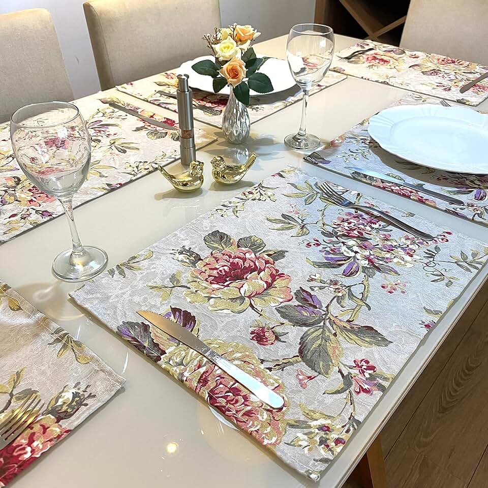 Jogo Americano Retangular 6 Lugares - Tecido - Mesa Posta (Tecido Florido)