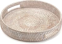 XIMISISE 11.8" Round Rattan Serving Tray with Handles - Hand Woven Wicker Basket for Food Serving & Home Decor, Whitewash Finish