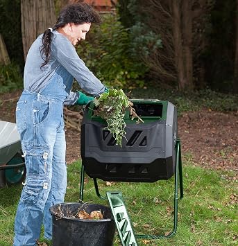 Exaco Trading Company Exaco Mr.Spin Compost Tumbler - 160 Liters / 43 Gallon, Dual Chamber Composter On Two-Leg Stand,Green/Black