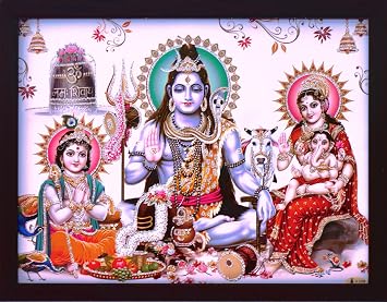 HandicraftStore Shiva Worshiping shivling with his Family Members, A Hindu Religious Poster with framing, Must for Every Home for Auspicious and Peace & Religious