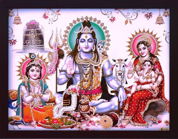 HandicraftStore Shiva Worshiping shivling with his Family Members, A Hindu Religious Poster with framing, Must for Every Home for Auspicious and Peace & Religious